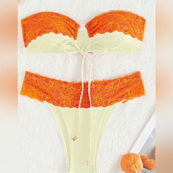 NEW Boho Butterly Orange and Cream Lace Bandeu Summer Bikini-(#1,462) - Picture 3 of 6